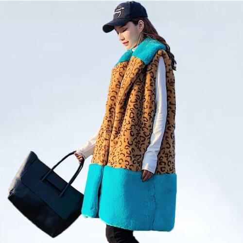 Newest Womens Lepoard Imitation Rabbit Fur Vest Casual Turn Down Collar Pacthwork Casual Fake Fur Waistcoats S/Xl Vests