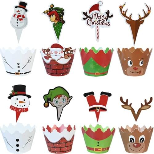 12pcs+12pcs Cake Toppers Cupcake Wrapper Paper Cake Wrapping Supplies Merry Christmas Snowman Santa Claus Cake Topper Xmas Decor