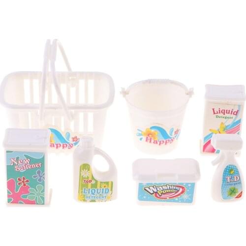 7Pcs/Set Doll Cleaning Bucket Shopping Basket Detergent Laundry Detergent Toy Hand Basket Model Doll House Miniature