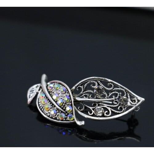 Hot Sale Shining Double leaves 19*45mm Rhinestone Brooch Elegant Breastpin Brooches Crystal Glass beads Gifts 19*45mm B1-0010