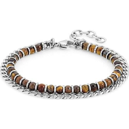 Runda Fashion Men And Women Beaded Bracelet Natural Stone Tiger Eye Stone Stainless Steel Jewelry Handmade Couple Holiday Gift