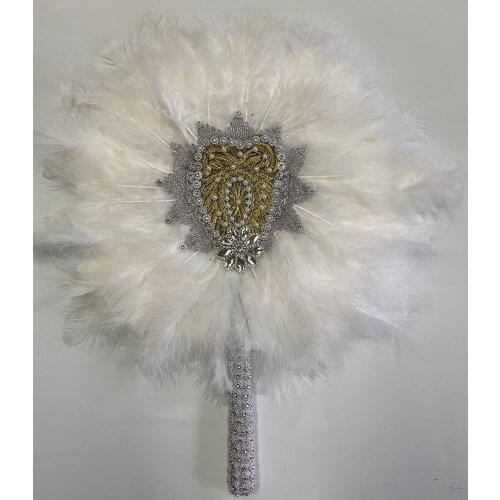 ESEWING 1Pc/bag 2021 New style Double-Side African Soft Feather Hand Fan and Gold Handle Dance Fans for Party Or Wedding