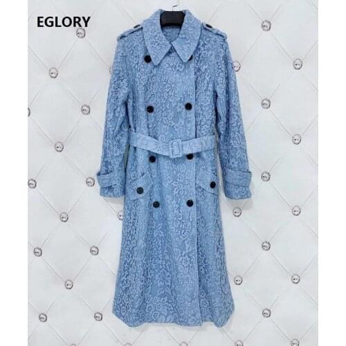 Lace Long Coat Trench 2020 Autumn Winter Fashion Style Women Allover Crochet Lace Flowers Belted Long Blue Coat Windbreaker