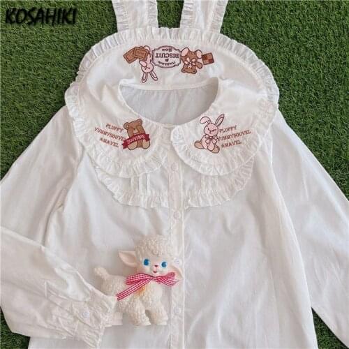 KOSAHIKI 2021 Summer Women Lolita Style Blouse Peter Pan Collar Cartoon Animal Embroidery Cute Blusas Kawaii Girl Shirt
