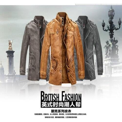 Shearling Men Leather Jackets Zipper Slim Stand Winter Long Coat Genuine Leather Jacket Men with Adjustable Waist