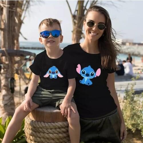 New Arrival Disney Stitch Printed Family Matching Outfits High Quality Unisex Short-sleeved Summer White and Black Soft T-shirts