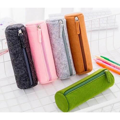 New Solid Color Student Felt Cylinder Large Capacity Stationery Bags Back to School Pencil Cases Kawaii Girls Zipper Pencil Box