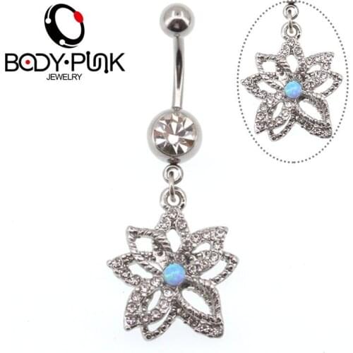 BODY PUNK 2018 14G Dangle Double Petal Blue Opal Belly Button Rings Sexy Surgical Steel Crystal Belly Piercing Navel Piercing