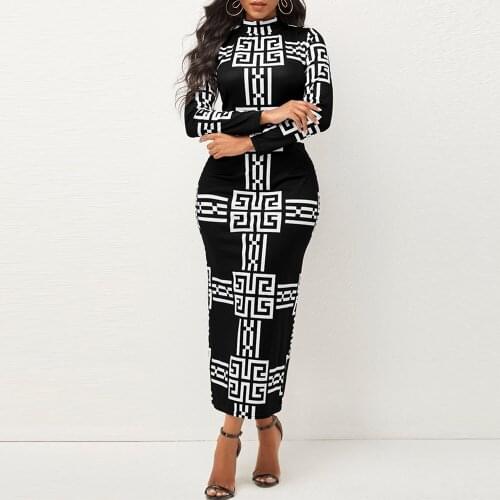 MISSJOY Vintage Print Long Sleeve Bodycon Sexy Dress Women Mock Neck Autumn Streetwear Party Festival Dresses Outfits with Mask