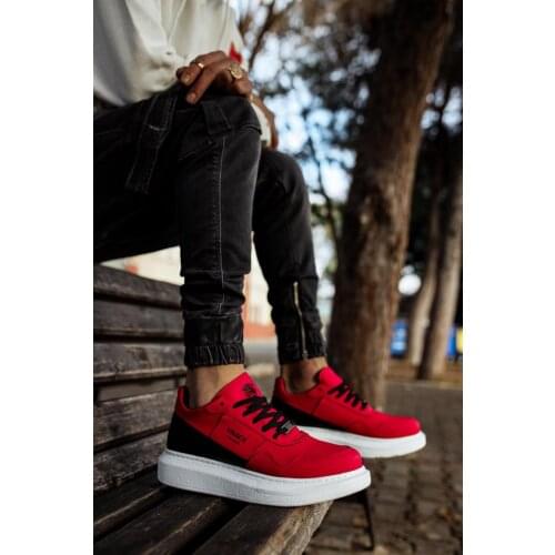 Knack High Outsole Casual Male Shoes Red Color (White Bottom) faux Leather Material Laced Stitched High Base Fashion 040