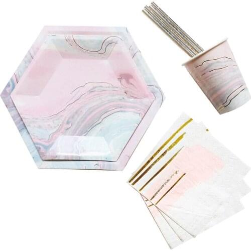 Pink Marble Gradient Hexagon Plates Marble Plates Cups Napkins Paper Straws Disposable Paper Tableware Set for Party