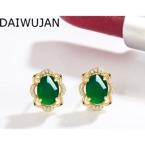 DAIWUJAN Retro Ethnic Green Natural Stone Chalcedony Stud Earrings For Women18k Gold Red Agate Flower Earring Silver 925 Jewelry