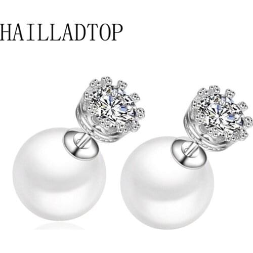 Crown Pearl Corolla Stud Earrings Shinning Drill Zirconia Silvering Earrings Elegant Two-sided Bead Crown Gift Silvery Jewelry