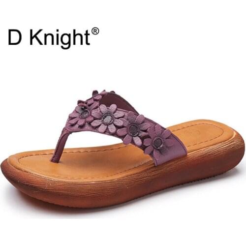 Genuine Leather Bohemian Flip Flops Slippers Women Shoes Summer Casual Clip Toe Slippers Beach Retro Flower Slides Shoes Woman