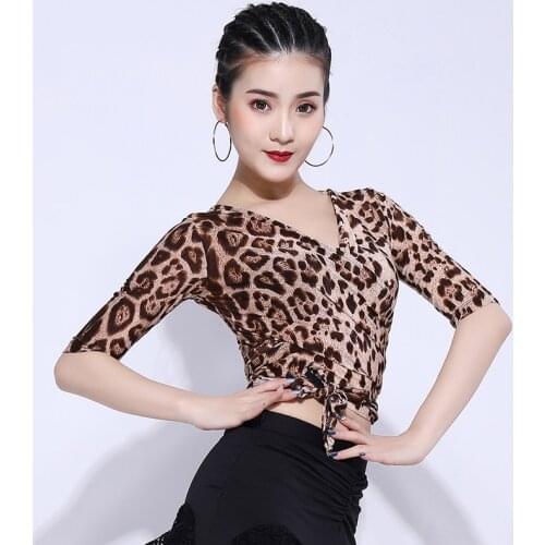 Latin Dance Top Mid Sleeve Leopard Print Before And After Wearing Shirts Salsa Tango Cha Cha Rumba Samba Clothing Lady DNV11899