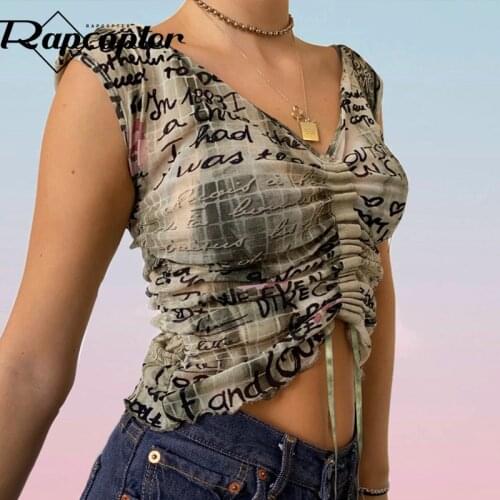 Rapcopter Shirring Corset Top y2k Printed Crop Top Sleeveless V Neck Tank Tops Summer Fashion 90s Sweats Streetwear Basic Tees