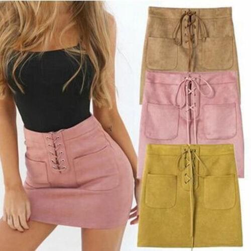 Sexy Women Leather Suede Lace Up Bandage High Waist Party Double Pocket Pencil Mini Skirt Sale