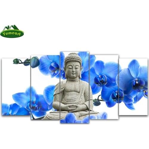 YUMEART Full Square Diamond Painting "White Buddha & Blue orchid" Multi-picture Combination Embroidery Cross Stitch Mosaic Decor