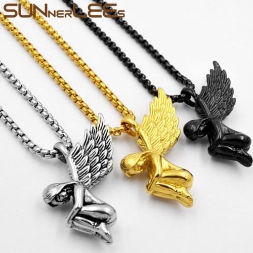 SUNNERLEES Jewelry 316L Stainless Steel Pendant Necklace Punk Angle-Girl Feather Gold Color Link Chain Men Women Gift SP37