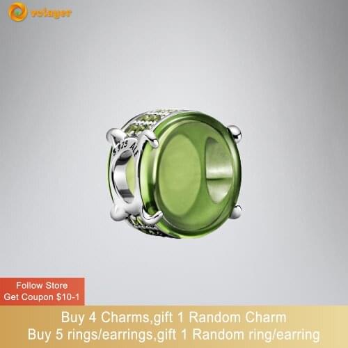 Volayer 925 Sterling Silver Green Oval Cabochon Charm fit Original Pandora Bracelets for Women Jewelry Making Birthday Gift