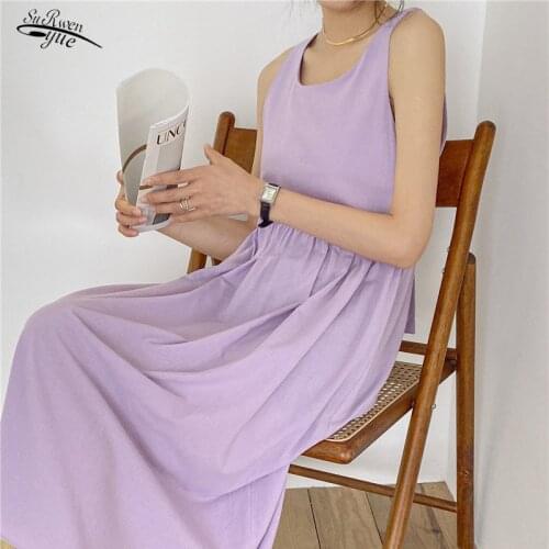 New womens solid color summer dress casual open back lace bow suspender dress O-neck sleeveless pleated long dress 10133