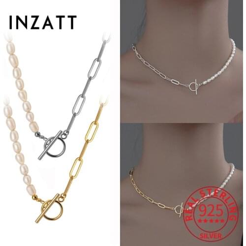 INZATT Real 925 Sterling Silver Irregular Pearl Round Asymmetry Choker Necklace For Women Cute Fine Jewelry Accessories