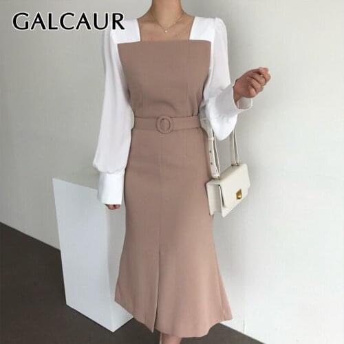 GALCAUR Elegant Patchwork Dress For Women Square Collar Long Sleeve High Waist With Sashes Midi Dresses Female Fashion New Fall