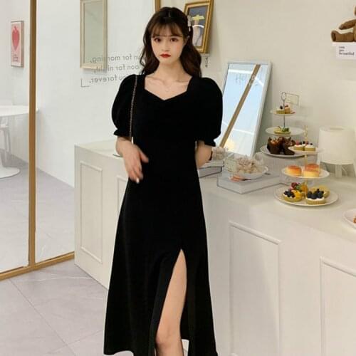 Women Dress New Black Slim Plus Siz Puff Sleeve Elegance V-Neck Korean Elegant Casual Side Split Ladies Fashion A-line Dress
