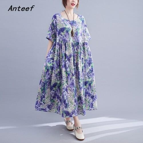 Short sleeve cotton vintage floral dresses for women casual loose long woman summer dress elegant clothes 2021