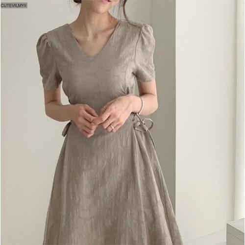 Vintage Dresses Women Summer Beige Dress Mid-Calf Elegant Drawstring Clothes V-neck 2021 Fashion Korean Short Sleeve High Waist