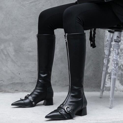 2020 winter new knight boots pointed thick heel belt buckle metal decorative black knee-high women boots
