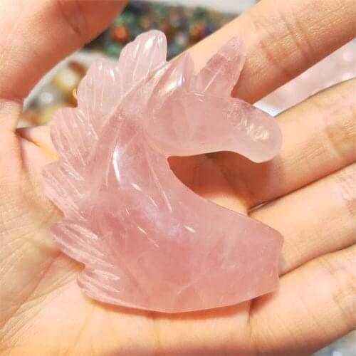 1pcs Natural Rose Pink Quartz Crystal Unicorn Carving Horse head Skulls Figurin