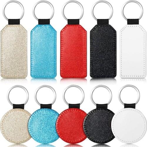 10 Pack 5 Colors Sublimation Blanks Keychain Glitter PU Leather Keychain Bottle and Round DIY Heat Transfer Keyring