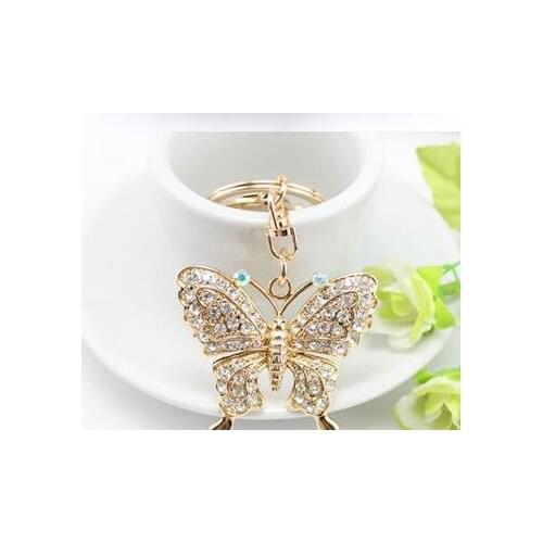 50pcs/lot korean style woman butterfly Rhinestone keychain trendy lovely animal key ring bag pendant