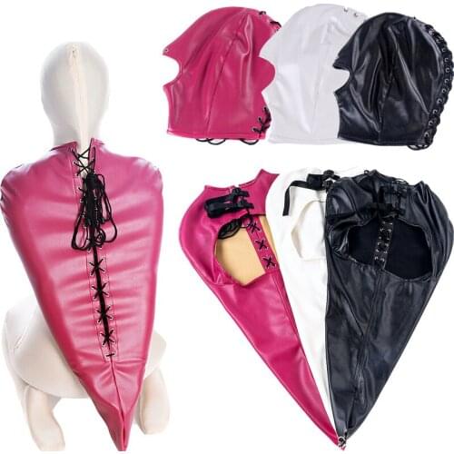 BDSM Leather Arm Binder Binding Gloves,Behind Back Straight Jacket,Open Mouth Slave Hood Mask, Bedroom Couples flirting Sex Toys