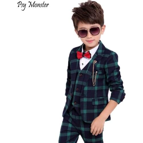 Flower Boys Plaid Formal Suit Kids Wedding Birthday Party Dress Blazer Vest Pants 3pcs Child Tuxedo Prom Gentleman Costume Gift