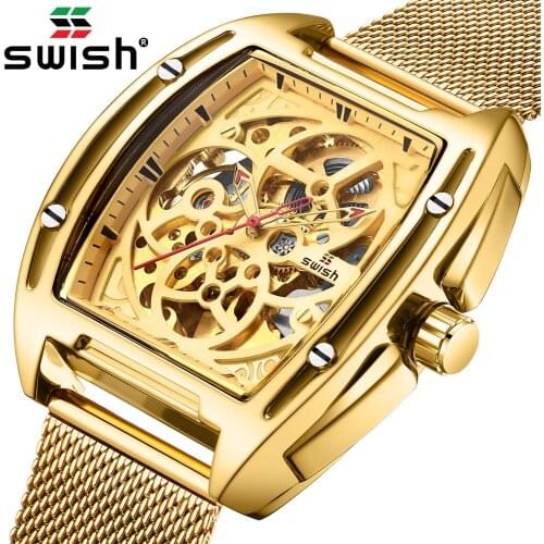SWISH Gold Hollow Watch Mens Mechanical Watches Brand Luxury Watch Men Stainless Steel Waterproof Wristwatch Relogio Masculino