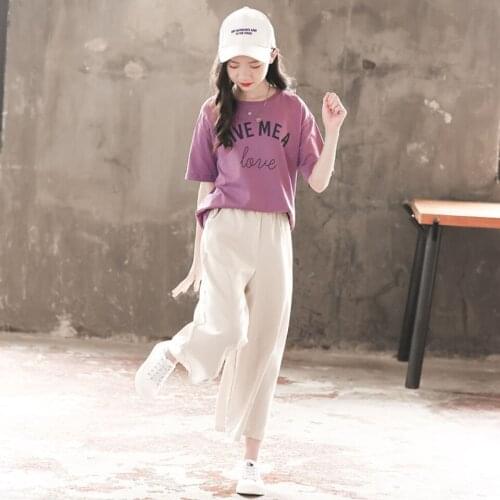 Purple Color T-shirts +Pants 2Pieces Set Casual Kids Clothing For Girls 4 5 6 7 8 10 12 13 Years Summer Fashion Girls Outfits