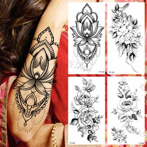 Henna Lotus Waterproof Temporary Tattoos For Women Adults Snake Dahlia Creative Fake Tattoo Sticker Arm Body Tatoos Tribal
