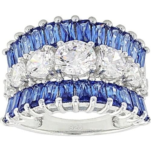 Luxury Silver Plated Round Cut White & Blue Zircon Crystal Ring Bride Engagement Wedding Rings Anniversary Jewelry Party Gifts
