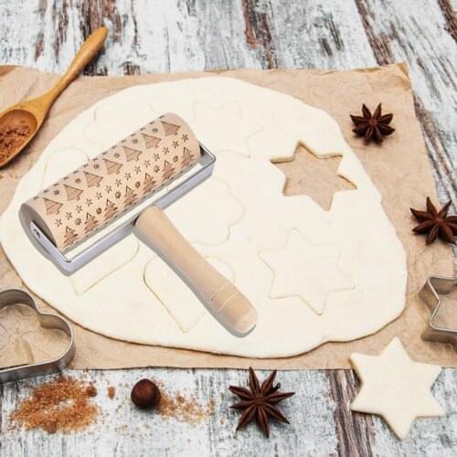Kitchen Wooden Roller Baking Tools Engraved Durable Hand-held Printing Rolling Pin Embossed Big Snowflake