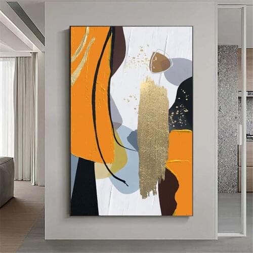 Minimalist home decoration wall art hand-painted oil painting golden orange outline drawing canvas painting living room mural
