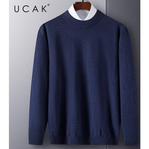UCAK Brand Casual Pure Wool Sweater Men Clothing Mock Neck Solid Color Streetwear Sweater Pull Homme Autumn Thin Pullover U1248