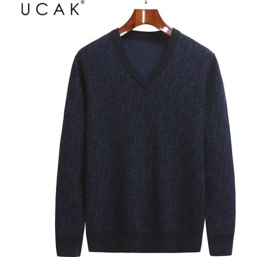 UCAK Brand Classic Pure Merino Wool Men Sweaters V-Neck Streetwear Casual Sweater Pull Homme Autumn Winter Thick Pullover U1304