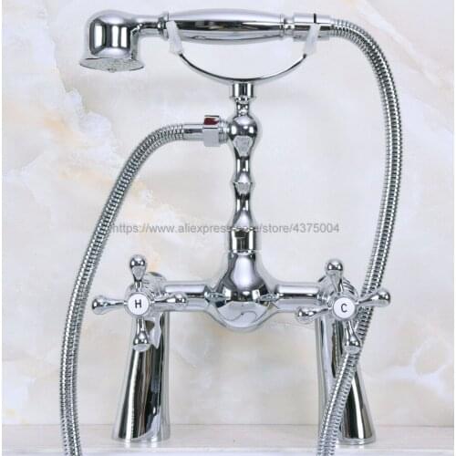 Polished Chrome Bathroom Bath Deck Mounted Double Handles Hand Shower Head Kit Shower Faucet Sets Nna128