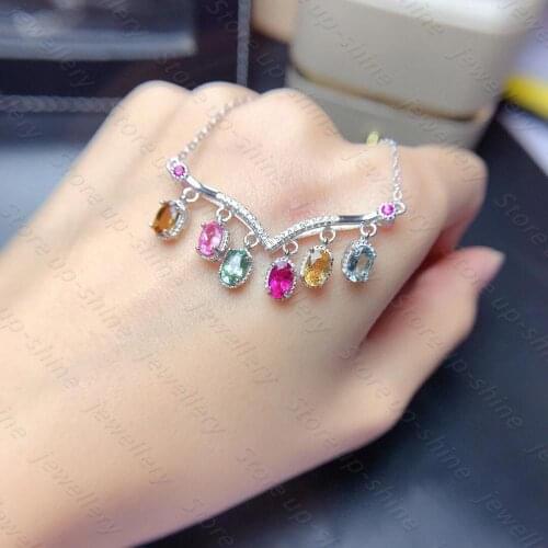 Natural Tourmaline Necklace 925 Silver Womens Necklace Super Shiny Luxury Atmosphere Banquet Essential Jewelry