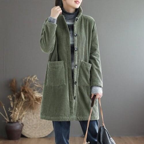 2021 Fall Winter New Womens Corduroy Jacket Large Size Loose Mid-length Warm Plus Velvet Thick Cotton Padded Jackets e086
