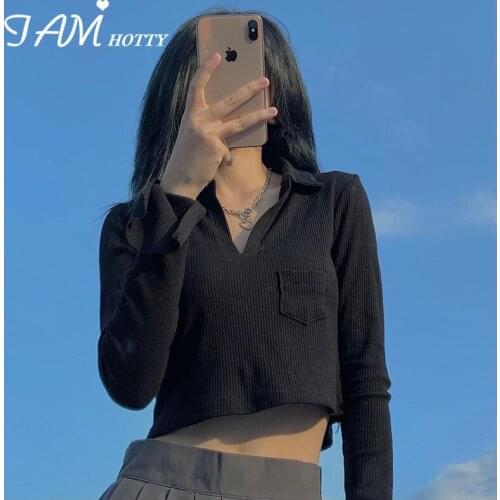 Solid Basic Cropped Top Tee Women Korean Style Fashion Long Sleeve T Shirt Autumn Pockets Patches Pullover Cotton Shirt Iamhotty