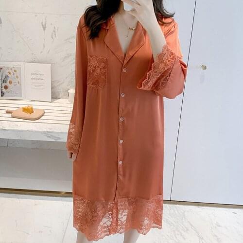 Casual Sleep Shirt Women Sleepwear Satin Nightgown With Lace Nightdress 2021 New Nightwear Soft Home Dressing Gown Lingerie