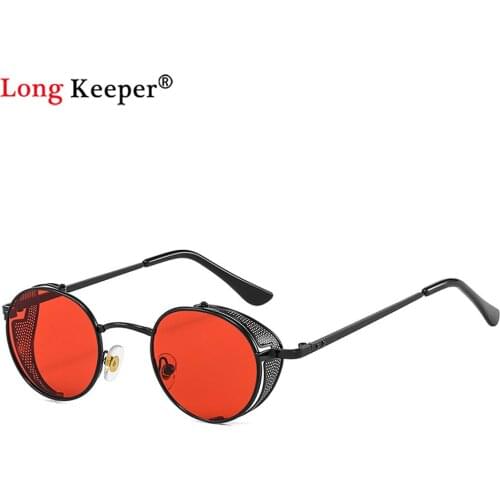 2021 Vintage Steampunk Sunglasses Men Round Red Lens Punk Sun Glasses Black Metal Eyewear Clear Lens Women UV400 Shades Oculos